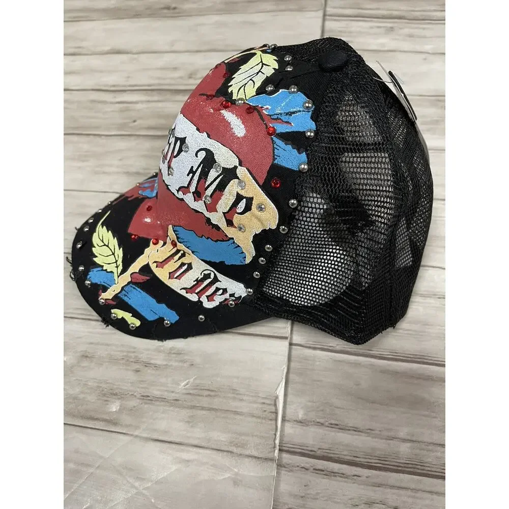 Bulzeye Hat Mens Beaded Cap Tease Me Print Heart Embroidered Ripped A14